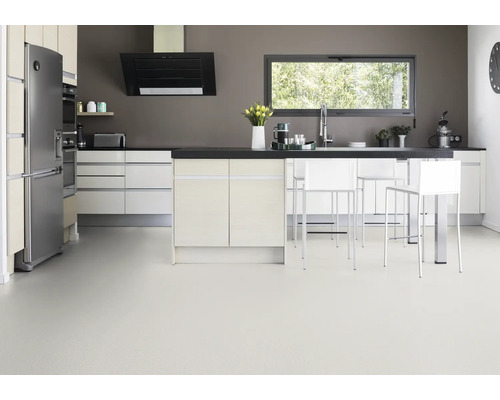 Moderne Küche mit Kücheninsel, Kühlschrank, Dunstabzugshaube und Fenster