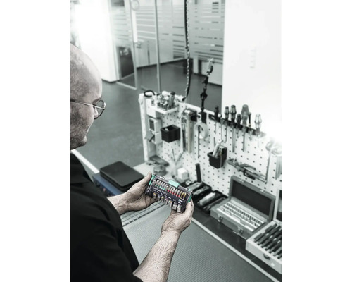 Eine Person hält ein Wera Tool-Check Plus 1 Werkzeugset vor einer Werkzeugwand.