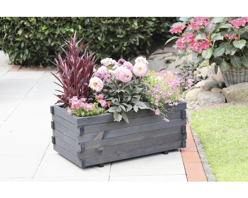 Blumenkasten aus Holz mit verschiedenen Pflanzen im Garten.