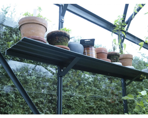 Gewächshausregal mit verschiedenen Pflanztöpfen.