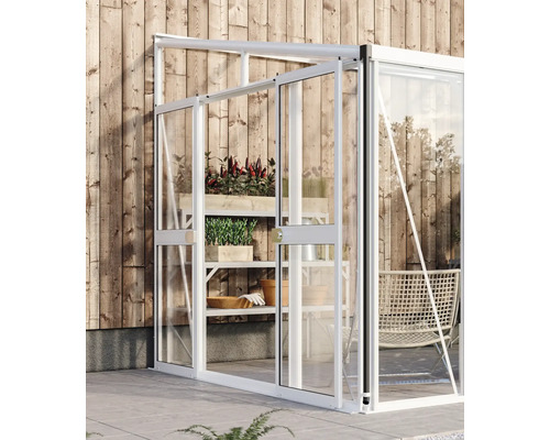 Gewächshaus mit Regalen und Pflanzen an einer Holzwand