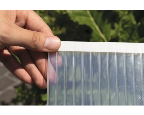 Hand hält eine transparente Stegplatte