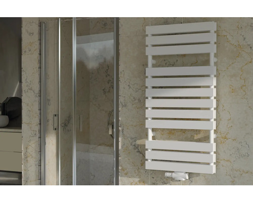 Rotheigner Designheizkörper STRIPE 1240 x 600 mm weiß Anschluss Mittig unten Badezimmer mit Duschkabine und Handtuchwärmer