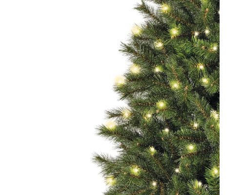 Detailaufnahme eines geschmückten Weihnachtsbaums mit Lichtern