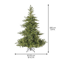Künstlicher Weihnachtsbaum mit einer Höhe von 180 cm und einem Durchmesser von 132 cm.