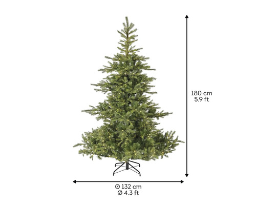 Künstlicher Weihnachtsbaum mit einer Höhe von 180 cm und einem Durchmesser von 132 cm.