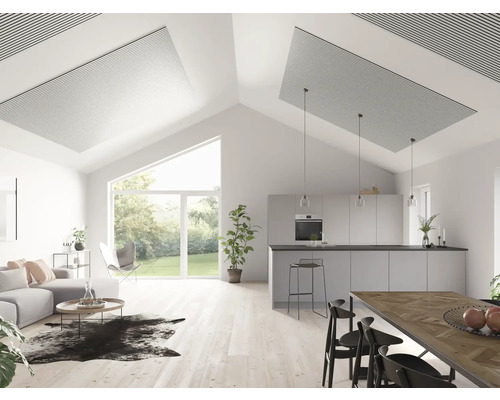 Heller Wohnbereich mit Akustikdeckenpaneelen über dem Wohn- und Küchenbereich