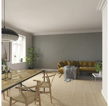 Wohnzimmer mit Esstisch, Stühlen und Sofa vor einer Wand mit horizontalen Streifen