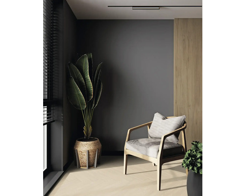 Wohnzimmer mit Stuhl, Zimmerpflanze und Deckenleuchte