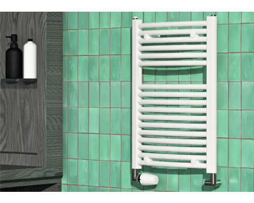 Badezimmer mit einem weißen Heizkörper, Fliesenwand und zwei Seifenspendern