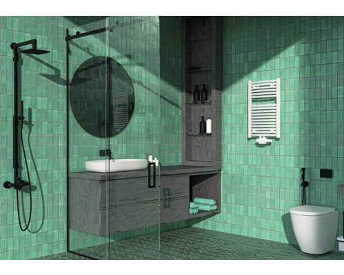 Rotheigner Badheizkörper SWING-M 690x445 mm weiß mit Mittelanschluß Modernes Badezimmer mit Dusche, Waschtisch, Spiegel, Regal und Handtuchwärmer