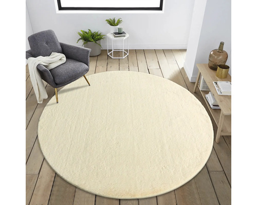 Wohnzimmer mit rundem Teppich, Sessel und Beistelltisch auf Holzboden