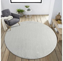 Wohnzimmer mit rundem Teppich, Sessel und Beistelltisch.