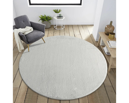 Wohnzimmer mit rundem Teppich, Sessel und Beistelltisch.
