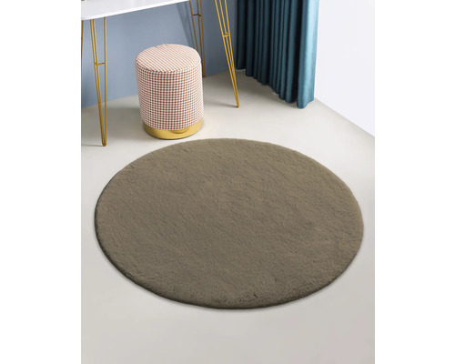 Runder Teppich im Wohnzimmer mit Tisch und Hocker