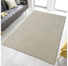 Beige Hochflor Teppich im Wohnzimmer mit Sofa und Sessel