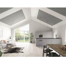 Helles Wohnzimmer mit Akustikpaneelen an der Decke, Sofa, Esstisch und Küche