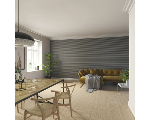 Wohnzimmer mit Esstisch, Stühlen, Sofa und Wandpaneelen für ein modernes Wohnambiente.