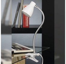 Schreibtischlampe mit Klemme und flexiblem Arm auf einem Tisch mit Buch