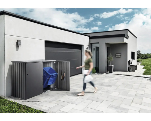 Mülltonnenbox aus Metall mit geöffneten Türen vor einem modernen Haus