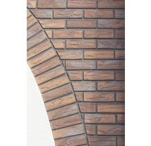 Detailansicht einer gemauerten Wand mit Ziegeln im Halbkreis