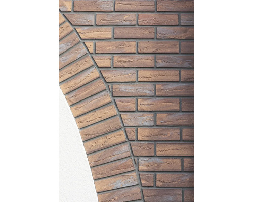 Detailansicht einer gemauerten Wand mit Ziegeln im Halbkreis