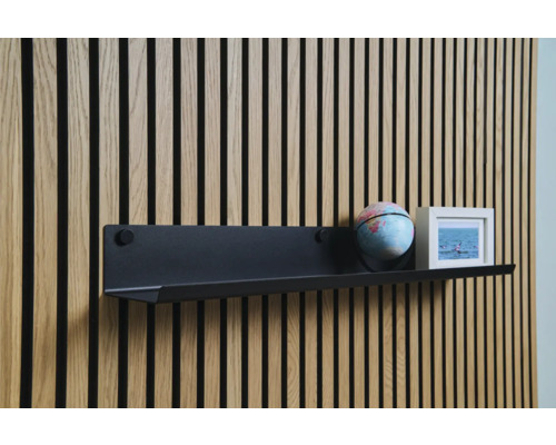 Wandregal mit Globus und Bilderrahmen an Holzpaneelwand