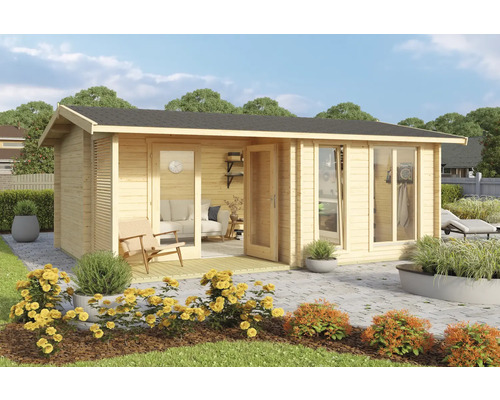 Holzgartenhaus mit Fenstern und Doppeltür im Garten