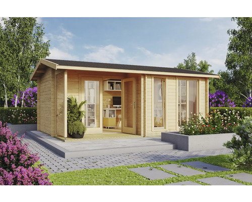 Gartenhaus mit Büroausstattung im Außenbereich.