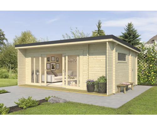 Modernes Gartenhaus mit Schiebetüren und Flachdach im Garten.