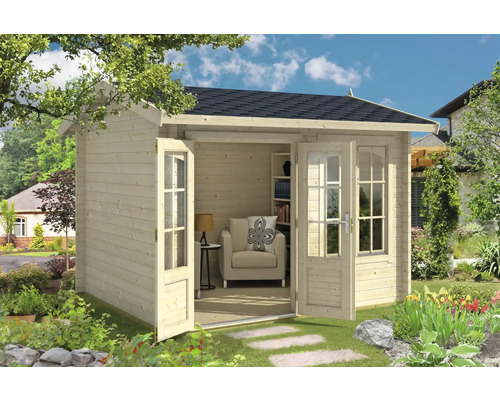 Gartenhaus mit Doppeltür, Holzkonstruktion und eingebautem Regal im Garten