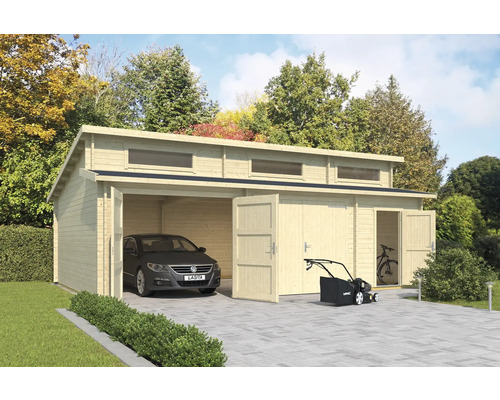 Holzgarage mit Auto, Rasenmäher und Fahrrad