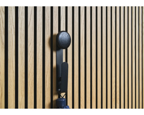 Wandpaneel aus Holz mit schwarzem Garderobenhaken und Regenschirm