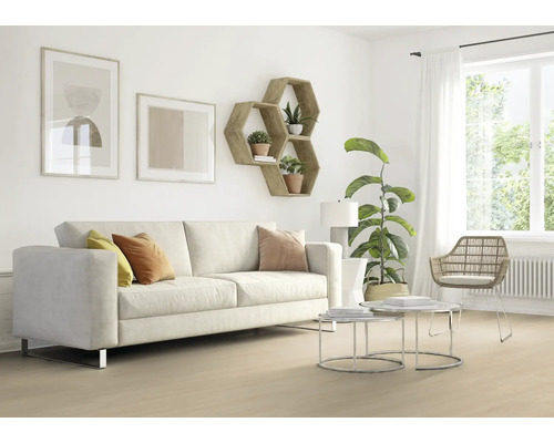 Helles Wohnzimmer mit Sofa, Regalen und Dekorationen