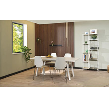 Esszimmer mit Esstisch, Stühlen und Regal