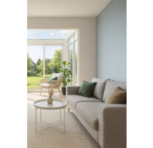 Helles Wohnzimmer mit Sofa, Sessel, Tisch und Zimmerpflanze