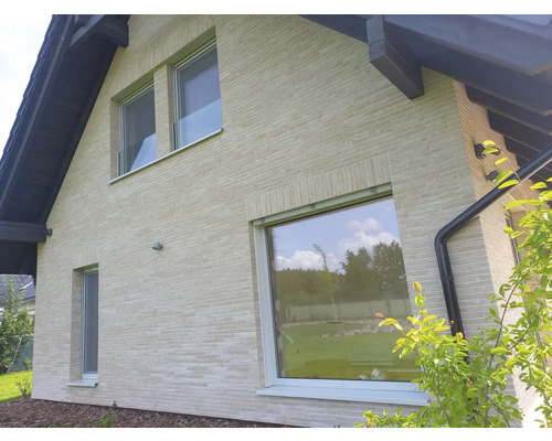 Außenansicht eines Hauses mit Fassade und Fenstern