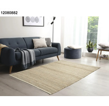 Wohnzimmer mit Sofa, Hocker und gemustertem Teppich