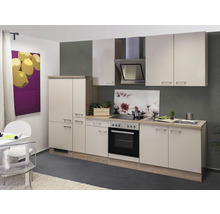 Küchenzeile mit Hochschrank, Hängeschränken, Spüle, Herd und Dunstabzugshaube in hellem Design