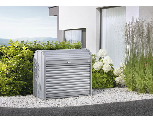 Mülltonnenbox Biohort StoreMax 120, 117 x 73 x 109 cm, silber-metallic Metall Gerätehaus mit Rolltor im Garten