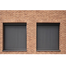 Zwei Fenster mit heruntergelassenen Rollläden in einer Backsteinmauer.