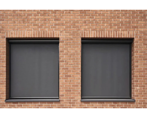 Zwei Fenster mit heruntergelassenen Rollläden in einer Backsteinmauer.