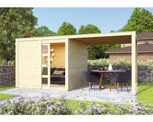 Gartenhaus Karibu Carlson 2 mit Schleppdach und selbstklebender Dachfolie 542,5 x 276 cm natur