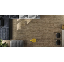 Ansicht von oben: Boden mit Holzoptik, kombiniert mit Sofa und Hockern