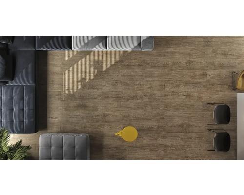 Ansicht von oben: Boden mit Holzoptik, kombiniert mit Sofa und Hockern