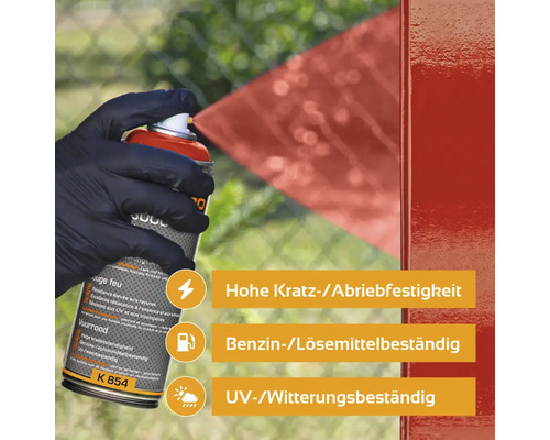 Sprühfarbe wird auf Metall gesprüht. Informationen zu Kratzfestigkeit, Benzinbeständigkeit und UV-Beständigkeit