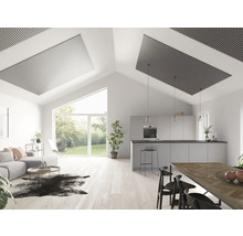 Helles Wohnzimmer mit Deckenpaneelen, Küchenbereich und Essbereich