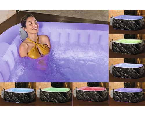 Frau entspannt in einem aufblasbaren Whirlpool mit LED-Beleuchtung und Marmor-Optik.