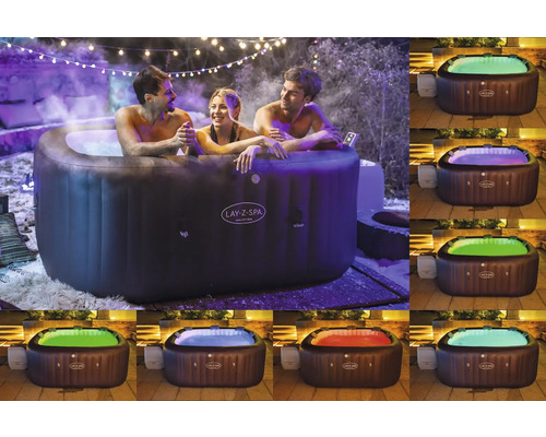 Lay-Z-Spa Maldives Whirlpool mit drei Personen und verschiedenen Beleuchtungsoptionen.