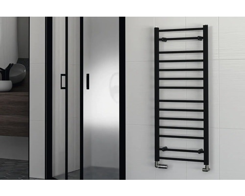 Rotheigner Badheizkörper Standard 900 x 500 mm schwarz Anschluss Beidseitig unten Badezimmer mit Handtuchwärmer und Duschkabine